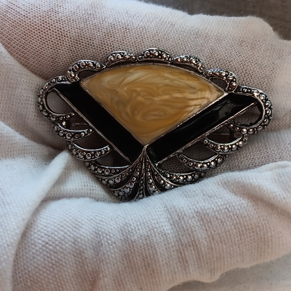 Vintage Avon Cream and Black Art Deco Filigree Fan- Shape Brooch Silver Tone